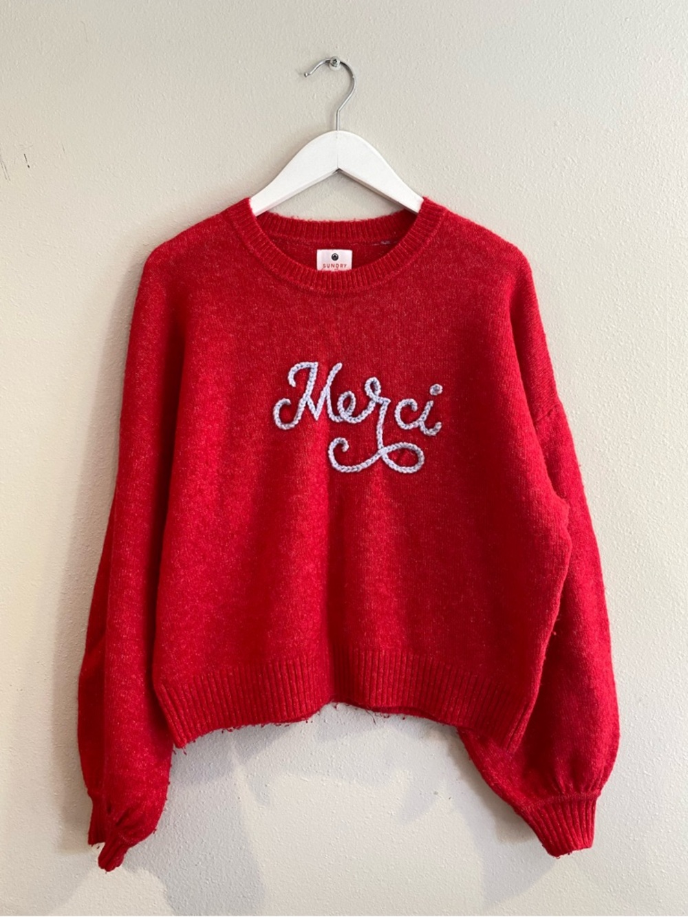 SUNDRY Merci Embroidered Script Red Knit Sweater Boxy Balloon Sleeve Medium M